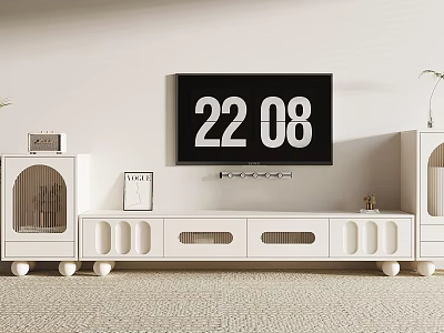 Modern White TV Stand with Round Legs Drawers Open Shelves and TV Radio Photo Frame 3d model