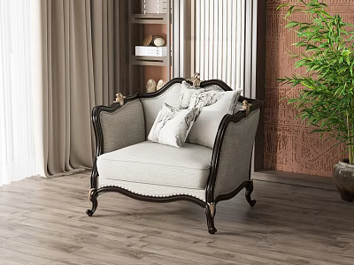 European Style Single Sofa With Wooden Frame Beige Cushion And Pillows In Living Room Interior 3d model