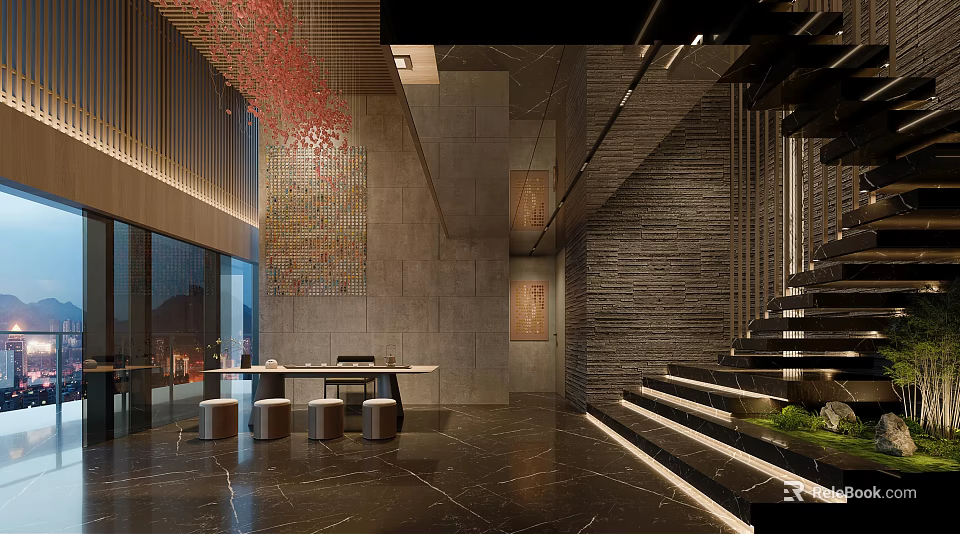 Modern Clubhouse Interior Design With Marble Floor Staircase Hanging Lamp And Decorative Wall 3d model 