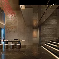 Modern Clubhouse Interior Design With Marble Floor Staircase Hanging Lamp And Decorative Wall