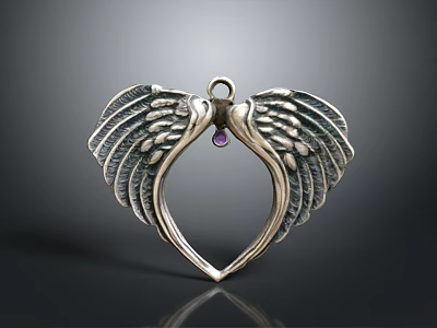 Silver Wing Shaped Pendant With Purple Gemstone For Fashion Jewelry Accessory 3d model