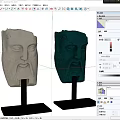 Ancient Carved Stone Head Sculptures Featuring Bearded Faces in Green and Light on Black Stands
