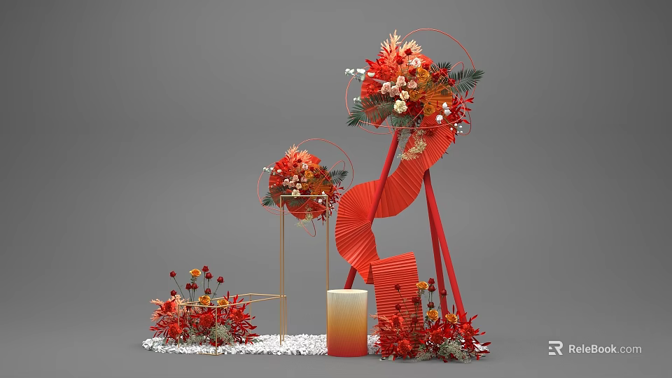 Commercial Event Decor Equipment With Red Spiral Structure White Pebbles Base And Orange Cylinder 3d model 
