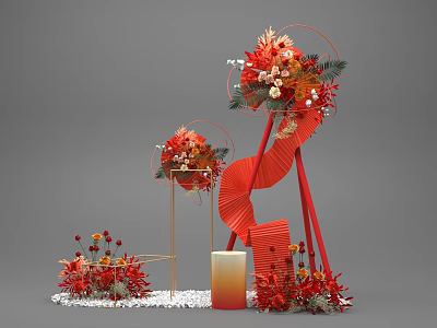 Commercial Event Decor Equipment With Red Spiral Structure White Pebbles Base And Orange Cylinder 3d model