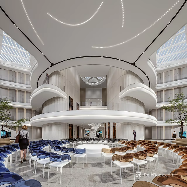 Modern Exhibition Hall Interior With Circular Atrium Multi Level Design And Colorful Seating 3d model 
