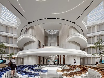 Modern Exhibition Hall Interior With Circular Atrium Multi Level Design And Colorful Seating 3d model