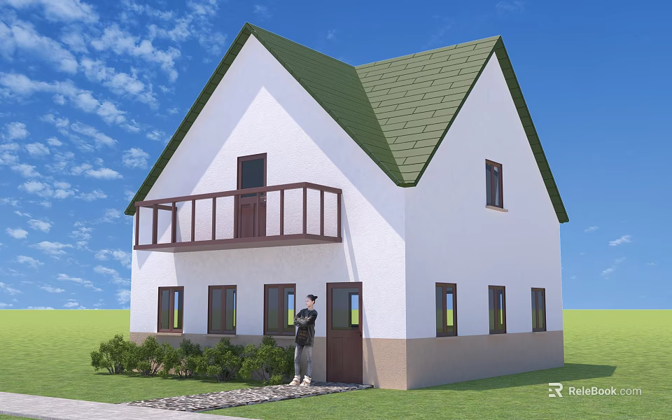 Detached House With White Exterior Green Roof Balcony Brown Railing Windows Lawn And Shrubs 3d model 