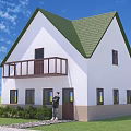 Detached House With White Exterior Green Roof Balcony Brown Railing Windows Lawn And Shrubs