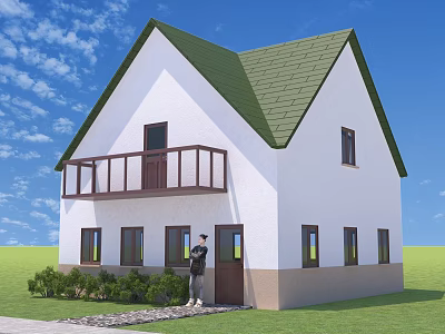 Detached House With White Exterior Green Roof Balcony Brown Railing Windows Lawn And Shrubs 3d model