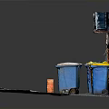 Different Colored Trash Bins And Wall Mounted Fans Near Brick Wall On Ground With Rubbish