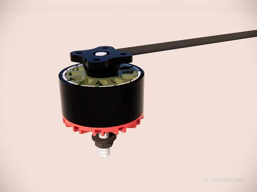 Black Red Mechanical Rotary Component With Gear Structure And Long Shaft 3d model