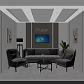 Modern A.Leonni Lounge Area With Sofa Armchairs Coffee Table TV Green Plant And Decorative Paintings