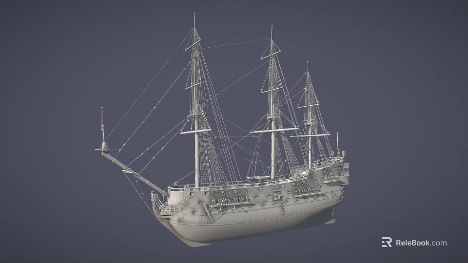 Antique Wooden Sailing Ship With Multiple Masts And Detailed Deck Rigging 3d model 