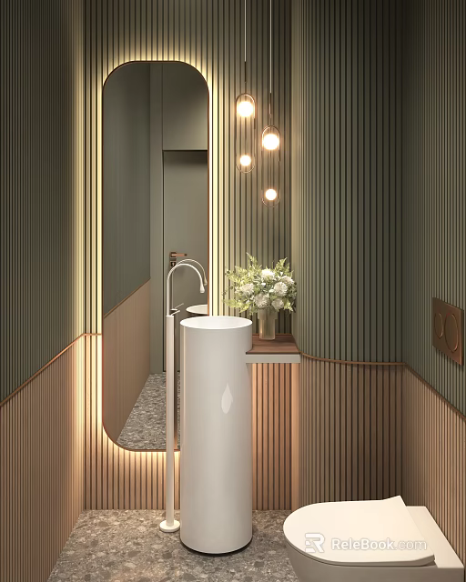 Modern Bathroom Interior With Green Vertical Slat Walls Round Pendant Lights And White Standing Sink 3d model 