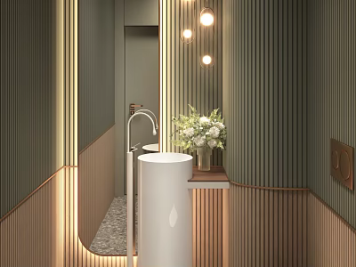 Modern Bathroom Interior With Green Vertical Slat Walls Round Pendant Lights And White Standing Sink 3d model
