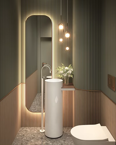 Modern Bathroom Interior With Green Vertical Slat Walls Round Pendant Lights And White Standing Sink 3d model