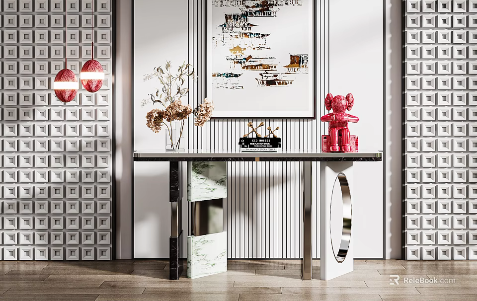 Modern Console Table Interior With Stylish Wall Art Decor Items And Pendant Lights 3d model 