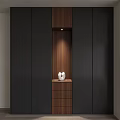Modern Wardrobe with Dark Door Panels Wooden Middle Section Drawers and Spotlight in Minimalist Design