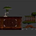 Classic Wooden Office Desk Featuring Green Leather Top And Ornate Carved Details With Matching Chair