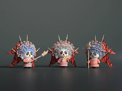 Three Panda Characters Wearing Blue Spiked Headdresses With Red Decorations Holding Weapons And Flags 3d model