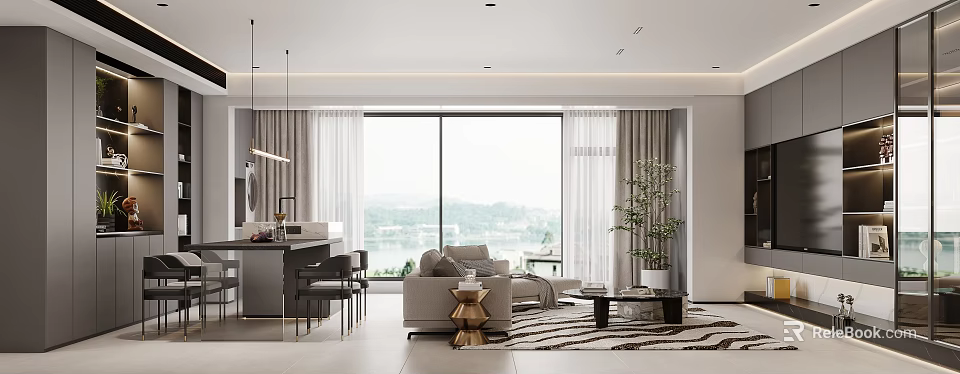 Modern Living and Dining Room Interior With Floor to Ceiling Window View Sofa and Plant 3d model 