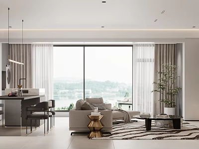 Modern Living and Dining Room Interior With Floor to Ceiling Window View Sofa and Plant 3d model