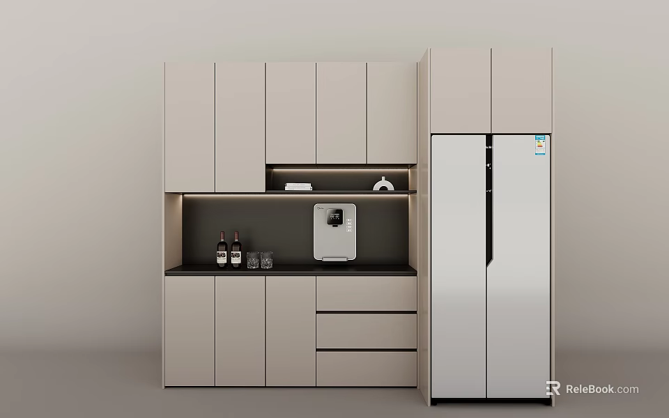 Modern Light colored Sideboard With Black Countertop Drawers Water Dispenser And Refrigerator 3d model 