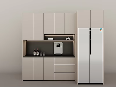 Modern Light colored Sideboard With Black Countertop Drawers Water Dispenser And Refrigerator 3d model