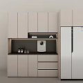 Modern Light colored Sideboard With Black Countertop Drawers Water Dispenser And Refrigerator