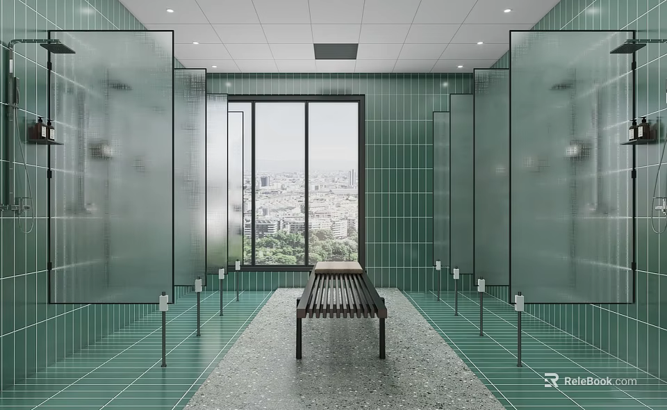 Public Restroom Interior Featuring Green Tiles Glass Partitions Bench And Large Windows With City View 3d model 