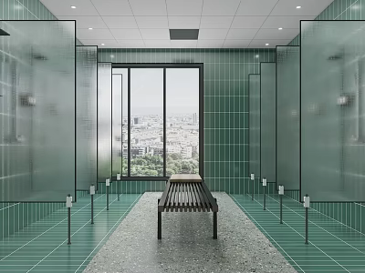 Public Restroom Interior Featuring Green Tiles Glass Partitions Bench And Large Windows With City View 3d model