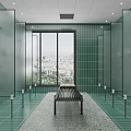 Public Restroom Interior Featuring Green Tiles Glass Partitions Bench And Large Windows With City View