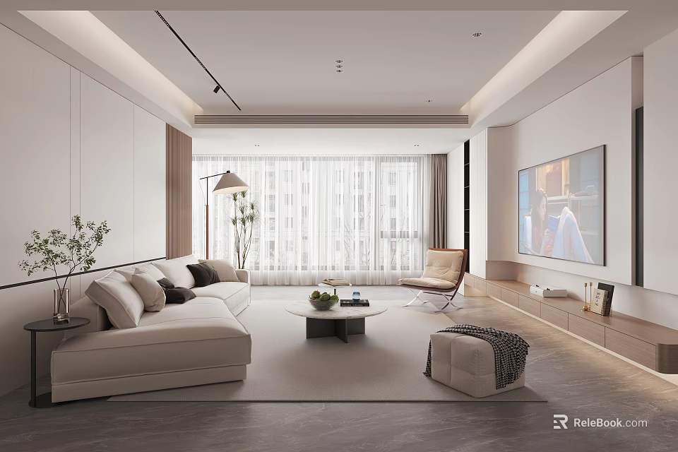 Modern Living Room Interior Featuring Beige L shaped Sofa Coffee Table And TV Wall 3d model 