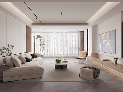 Modern Living Room Interior Featuring Beige L shaped Sofa Coffee Table And TV Wall 3d model