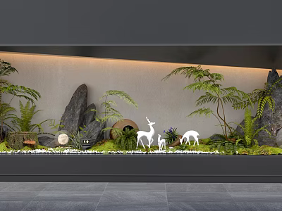 Indoor Landscape Decoration With Rock Formations Green Ferns And Deer Ornaments 3d model