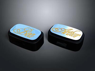 Oval Shaped Daily Use Storage Cases With Blue Surface Golden Text And Black Borders 3d model