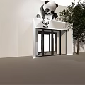 Modern Storefront with Large Panda Sculpture Small Panda Ornament Above Glass Doors and Side Tree