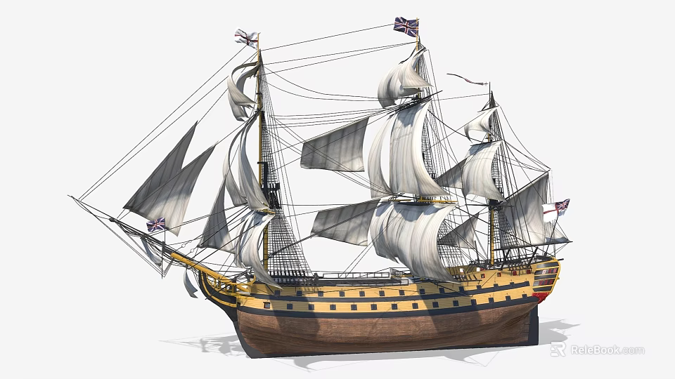 Classic Sailing Ship With Multiple Sails Tall Masts Wooden Hull And Flags 3d model 