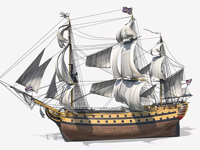 Classic Sailing Ship With Multiple Sails Tall Masts Wooden Hull And Flags 3d model