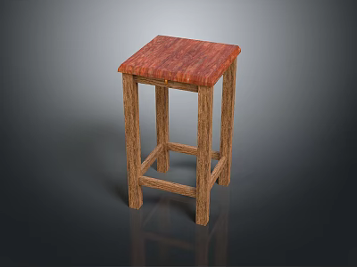 Simple Wooden Stool With Red Square Seat And Sturdy Legs Minimalist Design 3d model