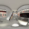 Modern Industrial Restaurant Interior with Metal Tables Stools Menu Boards and Food Images on Walls