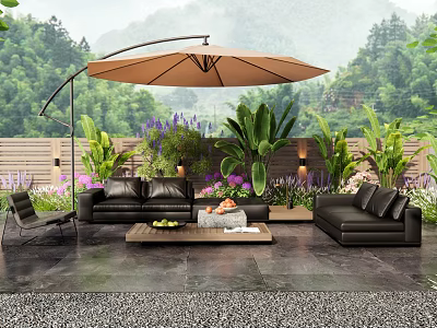 Black Outdoor Sofa Set With Large Umbrella Green Plants And Coffee Table On Garden Patio 3d model
