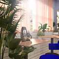Bright Restaurant Interior With Blue Chairs Green Plants Wooden Tables And White Tiled Floor