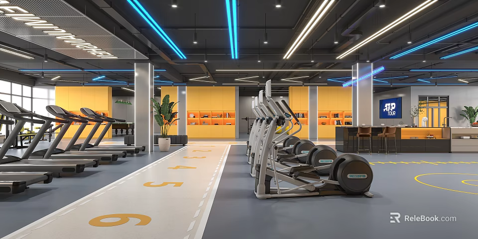 Modern Gym With Yellow Walls Blue Lighting Treadmills Ellipticals Numbered Floor Markers And Workout Area 3d model 