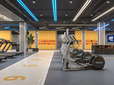 Modern Gym With Yellow Walls Blue Lighting Treadmills Ellipticals Numbered Floor Markers And Workout Area 3d model