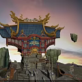 Traditional Chinese Architectural Structure With Golden Decor Blue Roof Floating Rocks And Sunset Scenery