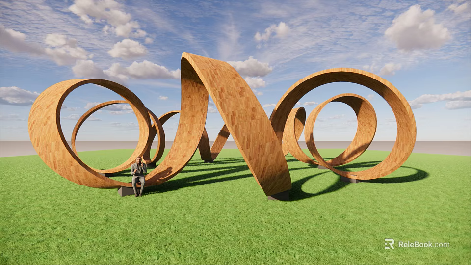 Wooden Curved Spiral Landscape Seats In Outdoor Green Grass Field With Person Sitting 3d model 