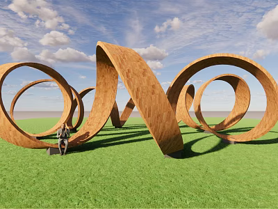 Wooden Curved Spiral Landscape Seats In Outdoor Green Grass Field With Person Sitting 3d model