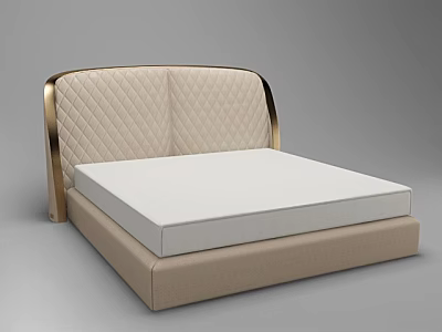 Double Bed With Beige Quilted Headboard Golden Edges And White Mattress 3d model
