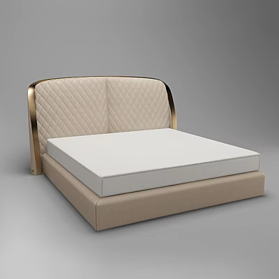 Double Bed With Beige Quilted Headboard Golden Edges And White Mattress 3d model